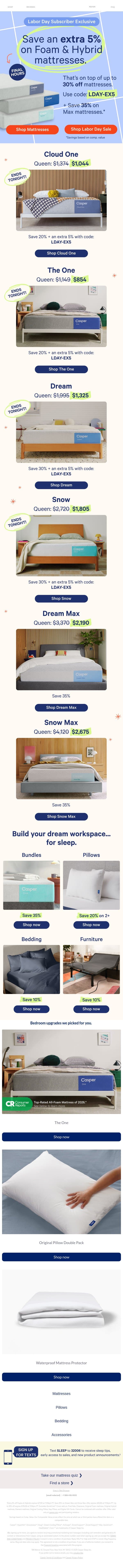 FINAL HOURS: Extra 5% on mattresses.* email from Casper screenshot