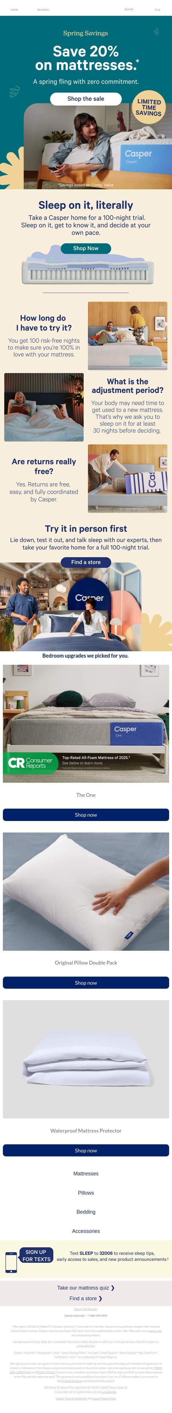 Save 20% on your spring fling.* email from Casper screenshot