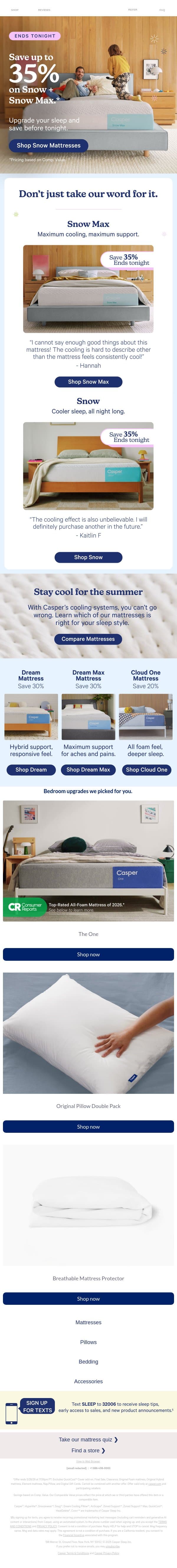 Ends TONIGHT! 35% savings on Snow & Snow Max mattresses email from Casper screenshot