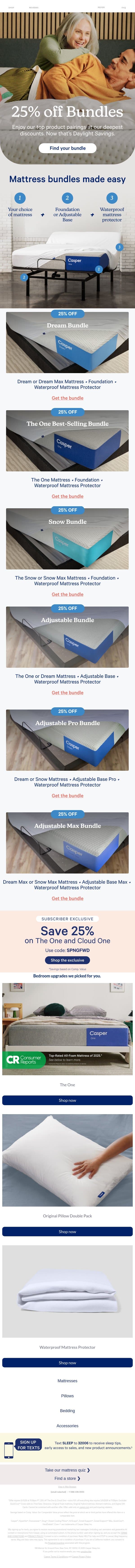 Save on better sleep: 25% off bundles email from Casper screenshot