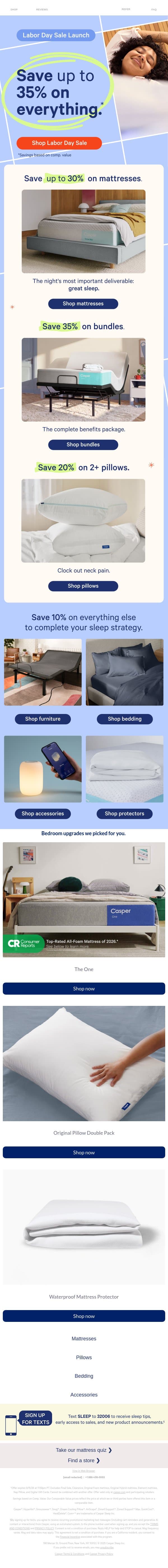 Save up to 35%. Labor Day starts now. email from Casper screenshot