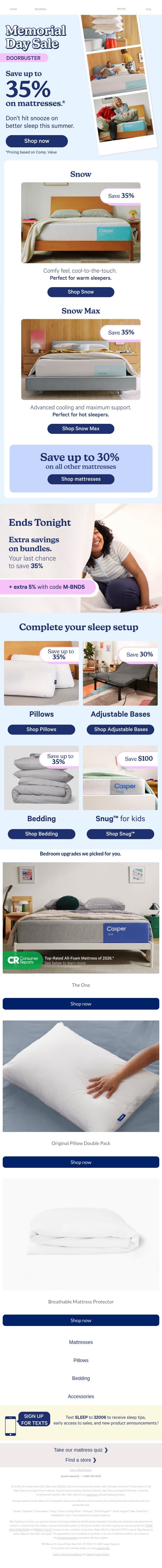 Memorial Day Doorbusters: Save up to 35% email from Casper screenshot