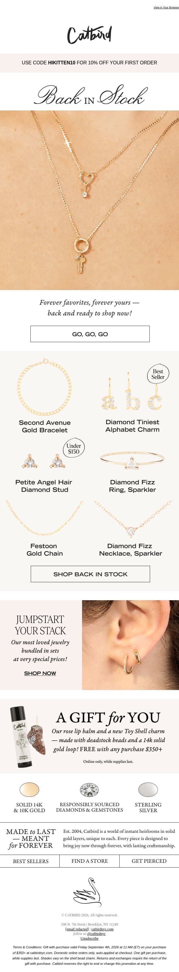 Back in Stock email from Catbird screenshot