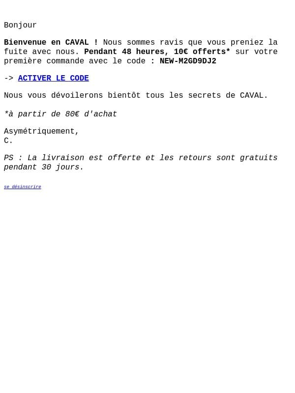 Votre code de bienvenue -10€ 💌 email from Caval screenshot