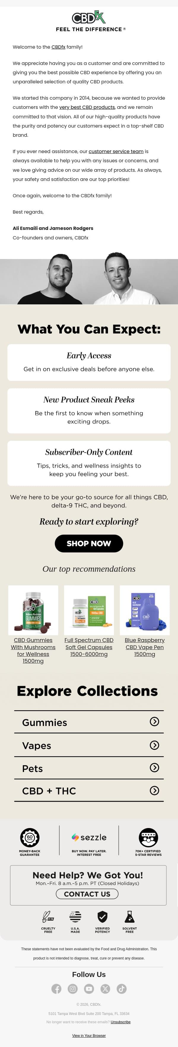 Thank you for joining the CBDfx family! email from CBDfx screenshot