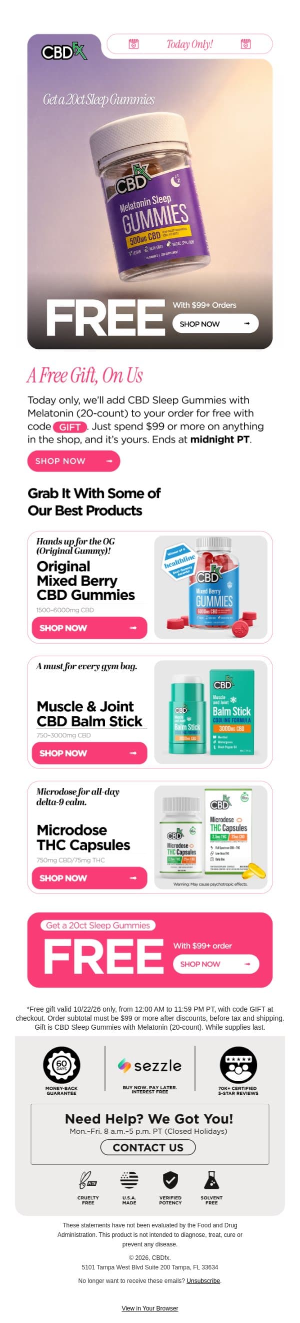 Free gummies on $99+ orders today email from CBDfx screenshot