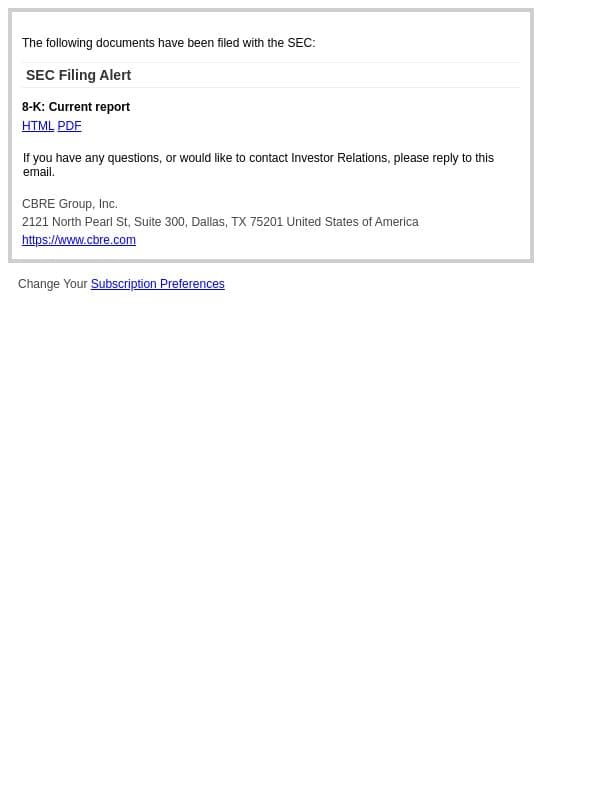 SEC Filing Alert for CBRE Group, Inc. email from CBRE screenshot