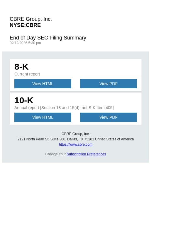 Daily SEC Filing Alert for CBRE Group, Inc. (CBRE) email from CBRE screenshot
