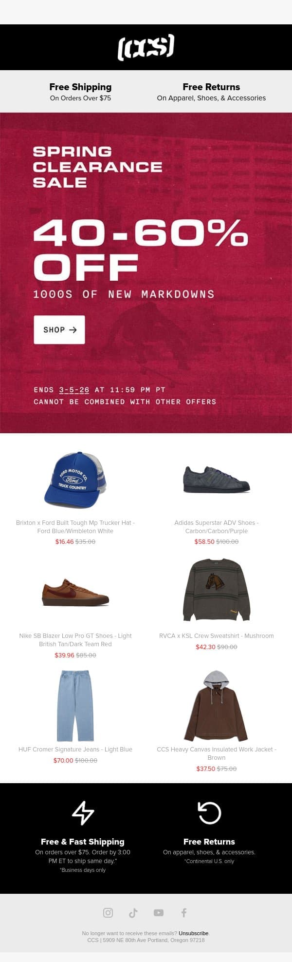 SPRING CLEARANCE SALE STARTS NOW! email from CCS screenshot