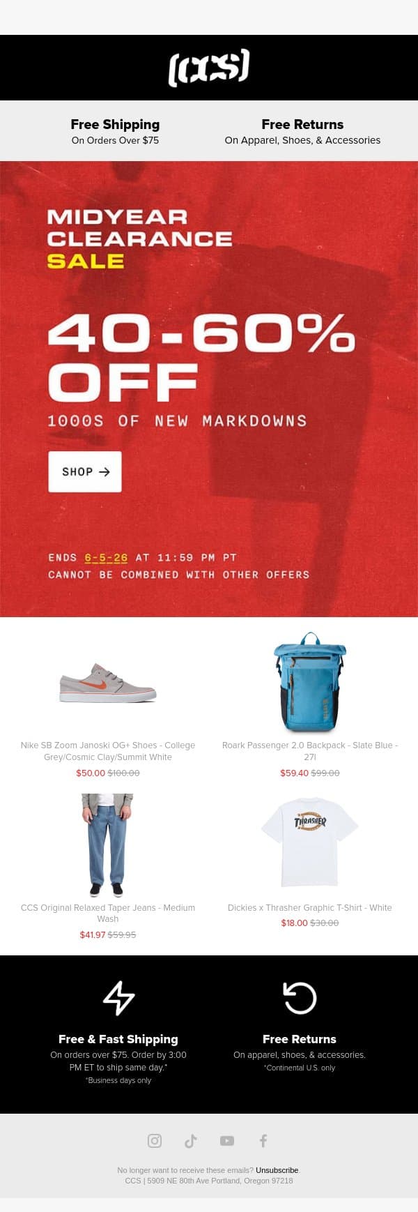 MIDYEAR CLEARANCE SALE STARTS NOW! email from CCS screenshot