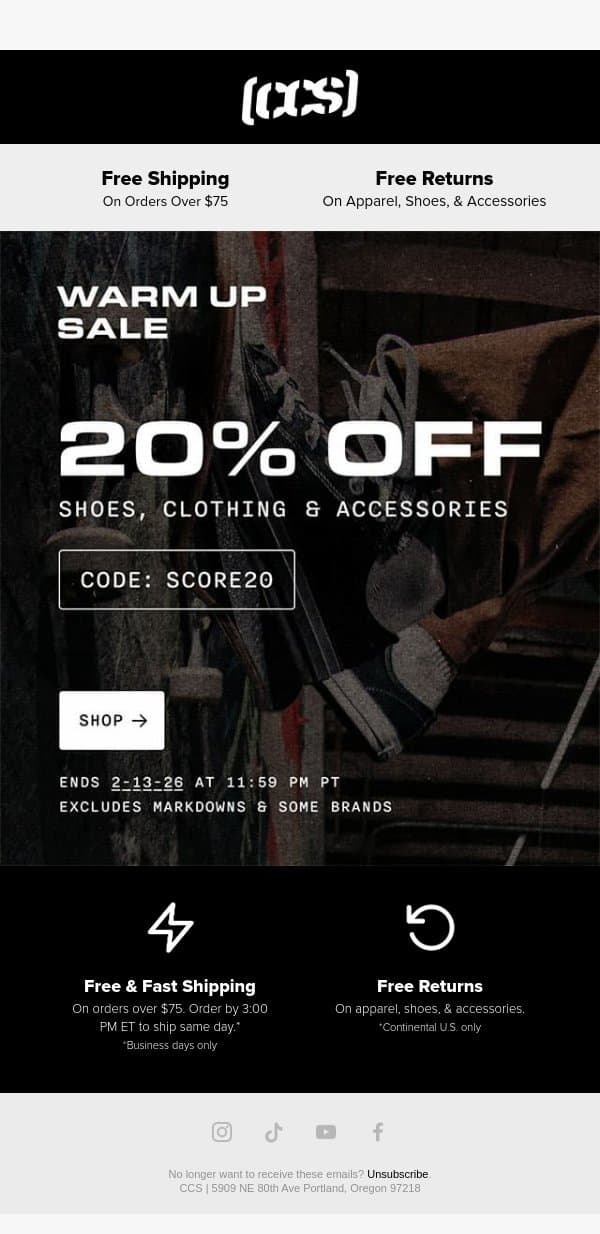 SPRING WARM UP SALE STARTS NOW! email from CCS screenshot