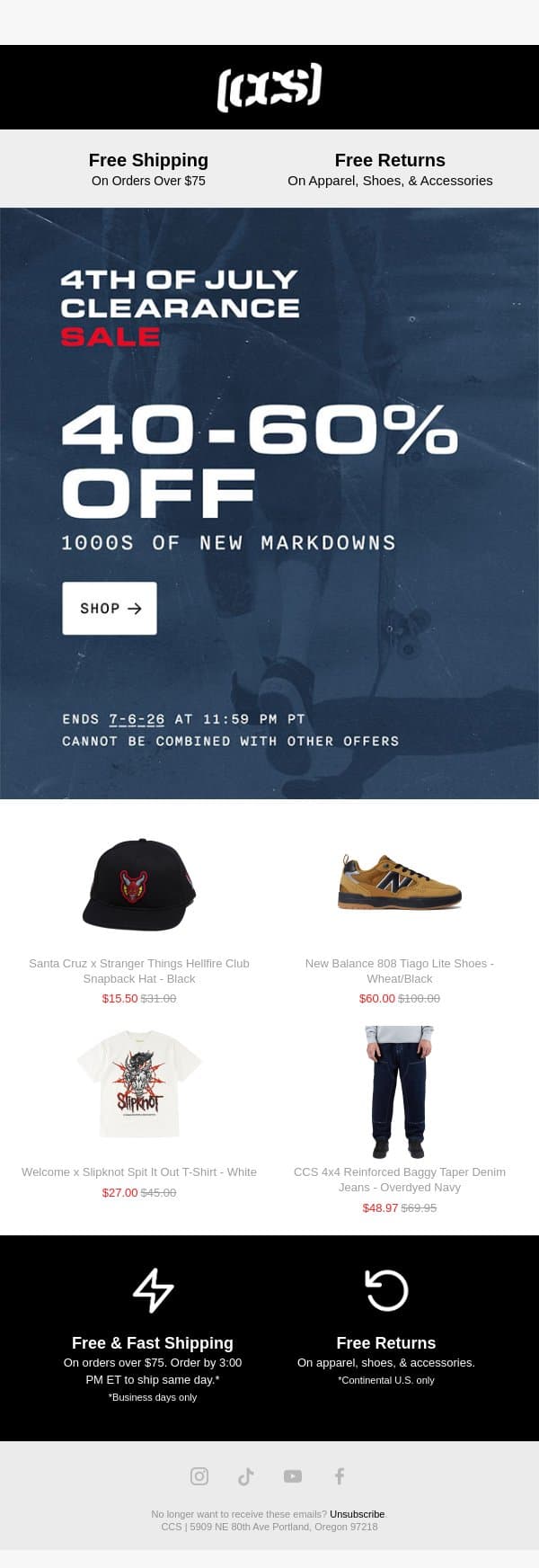 4th of July Sale Starts Now! email from CCS screenshot
