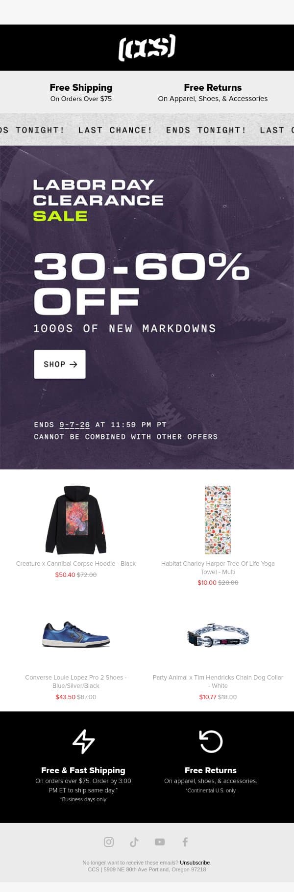 Labor Day Sale Ends Tonight! email from CCS screenshot