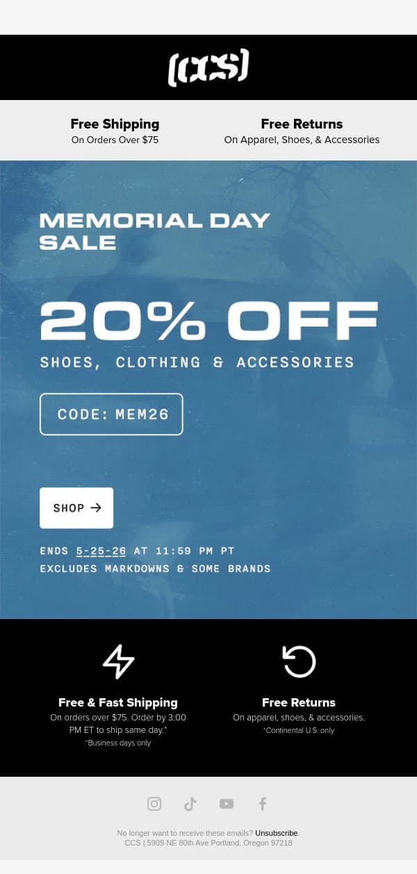 MEMORIAL DAY SALE STARTS NOW! email from CCS screenshot