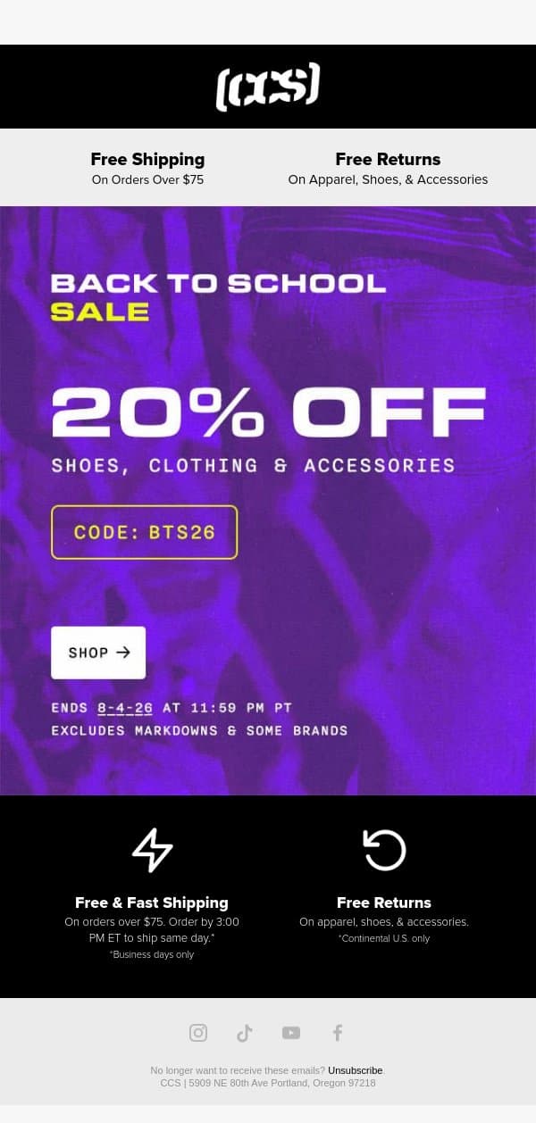 Back To School Sale Starts Now! email from CCS screenshot