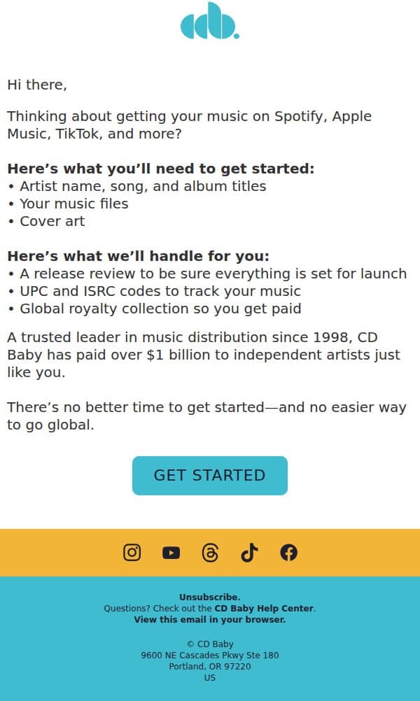 You're subscribed! email from CD Baby screenshot