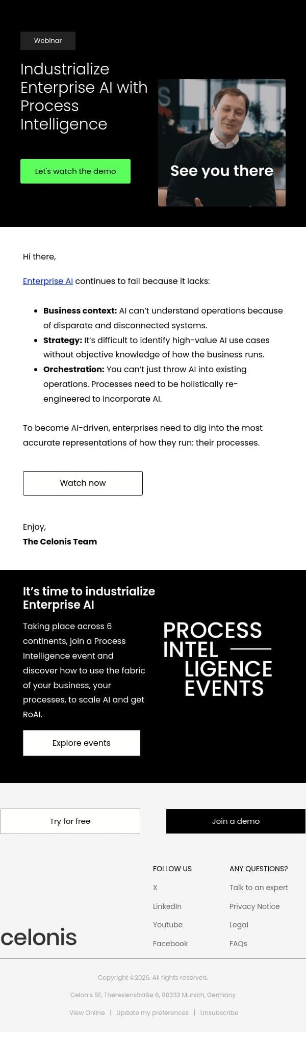 [Demo] See how your your business really works email from Celonis screenshot