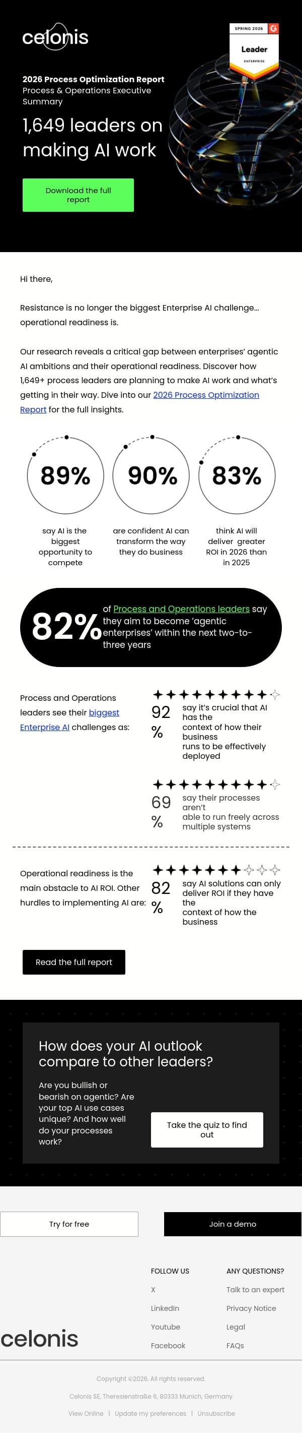 [New report] 1,649+ leaders on making AI work this year email from Celonis screenshot