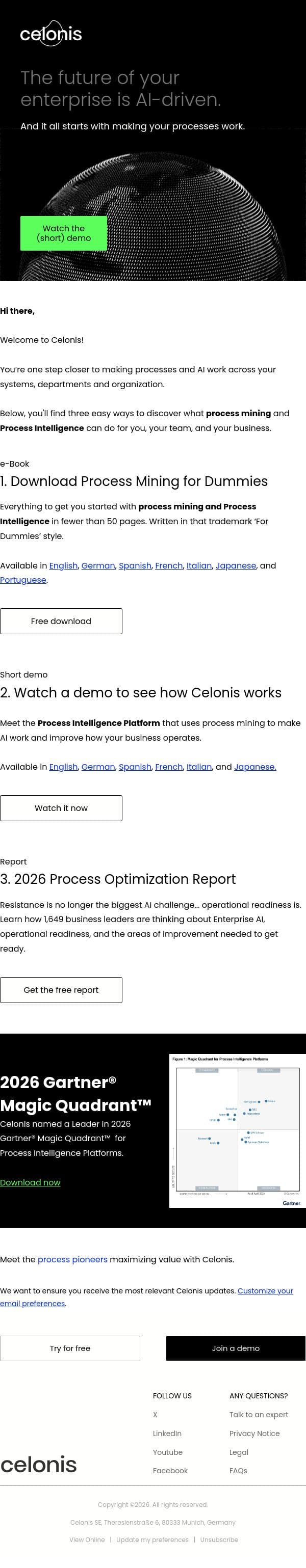 there, welcome to Celonis! email from Celonis screenshot