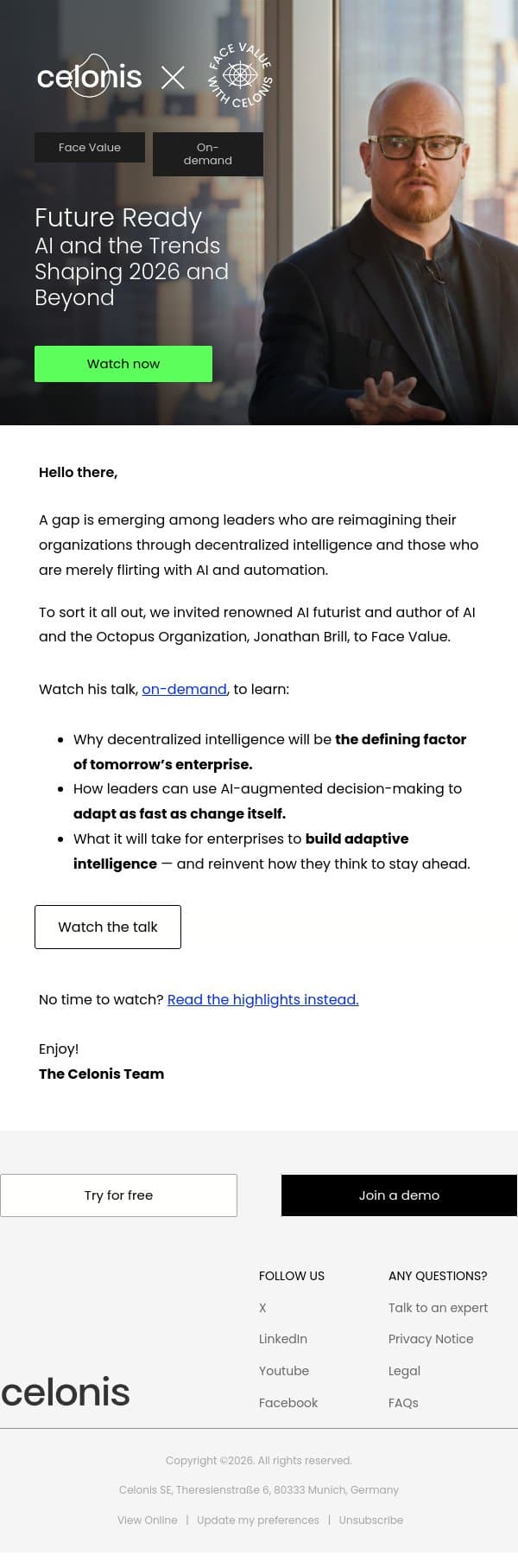 [Watch now] #1 Futurist Jonathan Brill on AI Trends email from Celonis screenshot