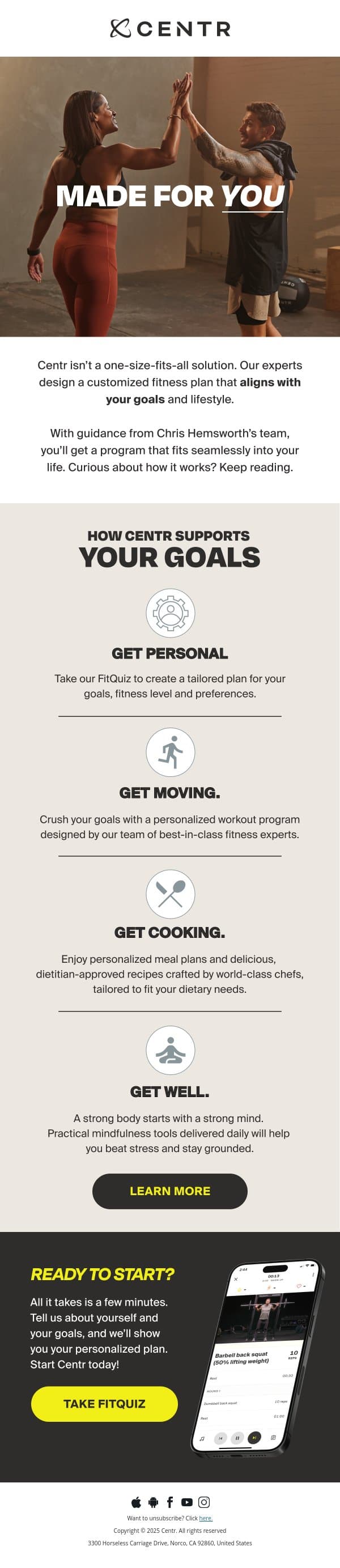 Want Centr to create a personalized fitness plan for you? email from Centr screenshot