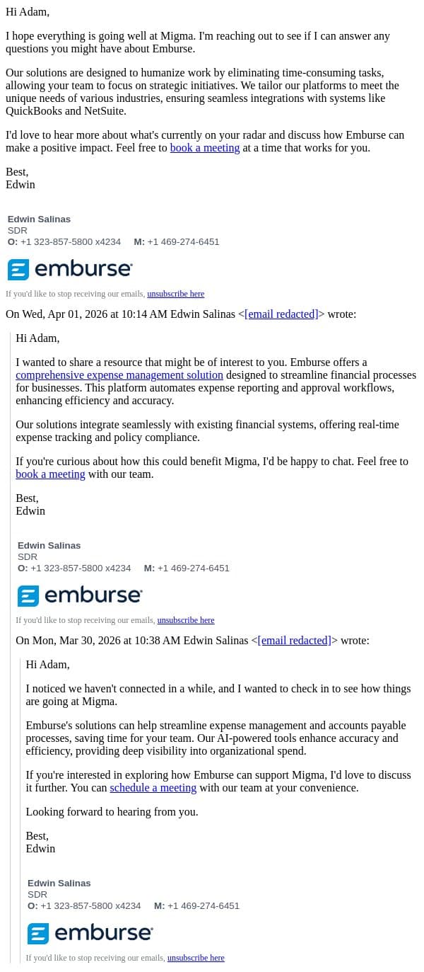 Re: Emburse Solutions Inquiry | Let's Connect email from Certify screenshot