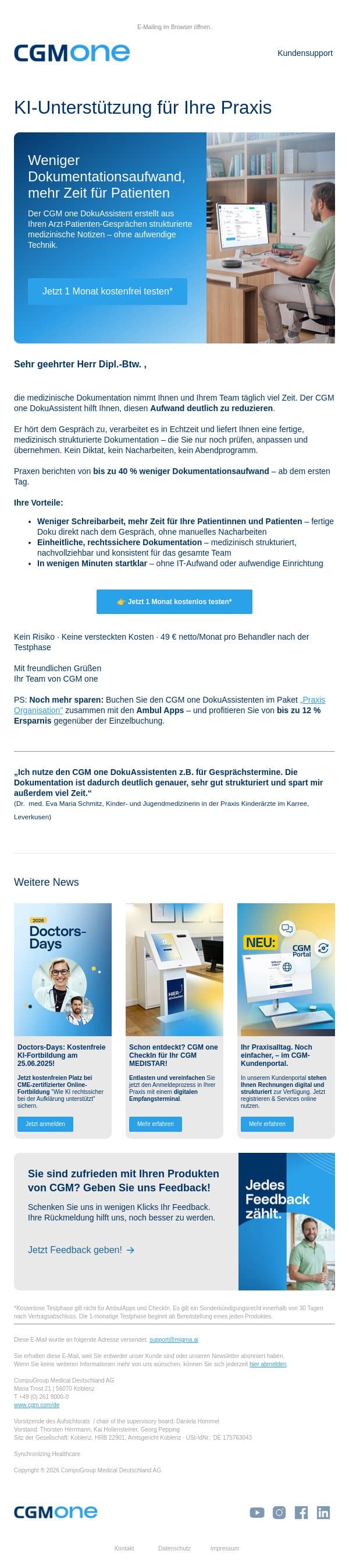 Nie wieder Dokumentationsrückstand – einfach. schnell. KI-gestützt. email from CGM screenshot
