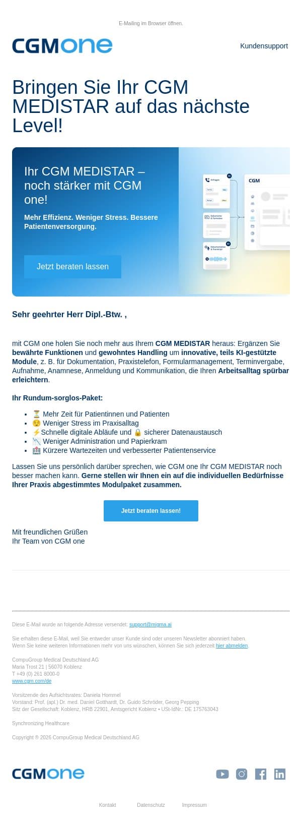 Ihr CGM MEDISTAR – noch besser mit CGM one! email from CGM screenshot