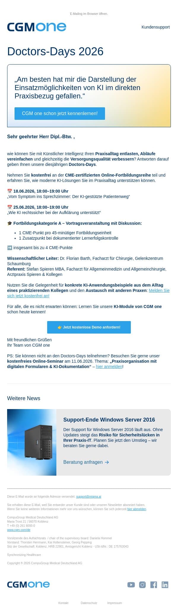 KI-Fortbildung online: bis zu 4 CME-Punkte email from CGM screenshot