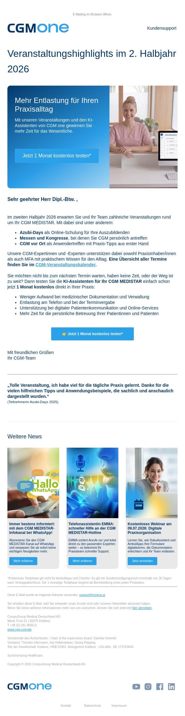 Veranstaltungshighlights im 2. Halbjahr 2026 für Ihr Praxisteam email from CGM screenshot