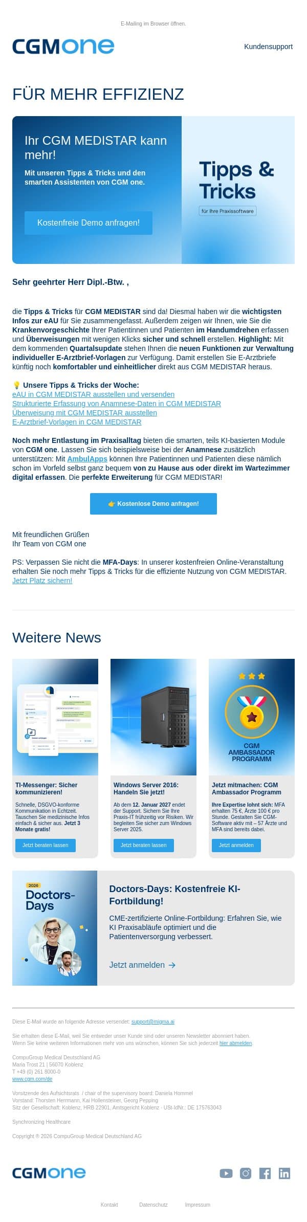 CGM MEDISTAR: eAU, Anamnese, Überweisungen email from CGM screenshot