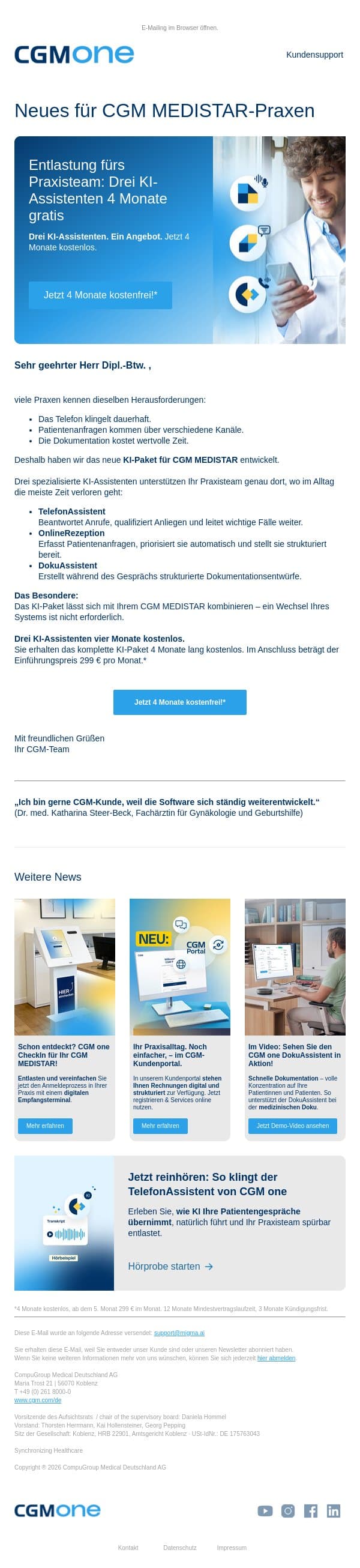 Jetzt zum Einführungspreis: KI-Paket für Ihr CGM MEDISTAR email from CGM screenshot