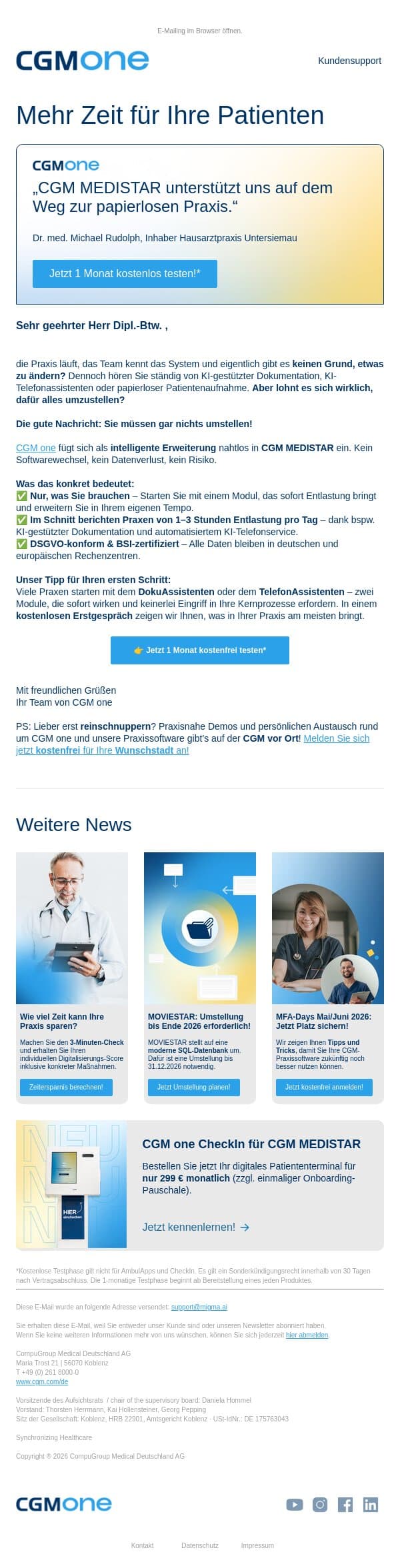 CGM MEDISTAR behalten, KI einfach ergänzen email from CGM screenshot