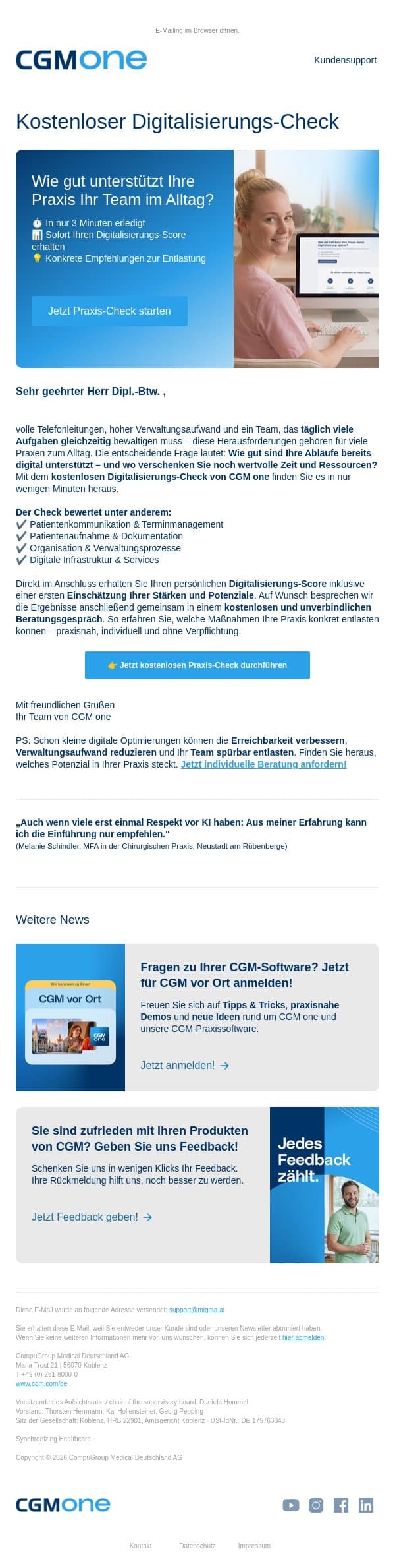 Wie digital ist Ihre Praxis wirklich? Jetzt in 3 Minuten testen email from CGM screenshot