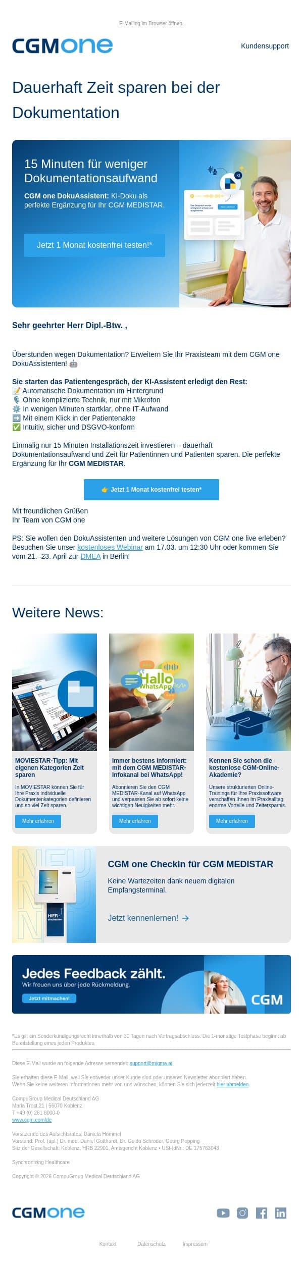 15 Minuten für weniger Dokumentationsaufwand ⏱️📝 email from CGM screenshot