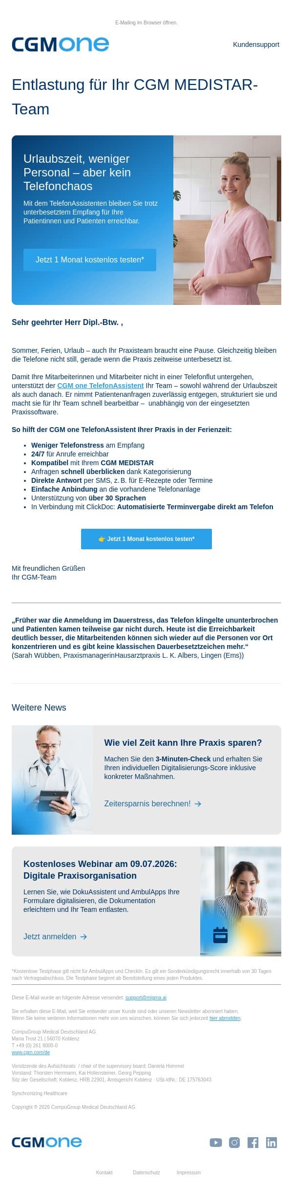 Weniger Telefonstress in der Urlaubszeit mit CGM MEDISTAR email from CGM screenshot