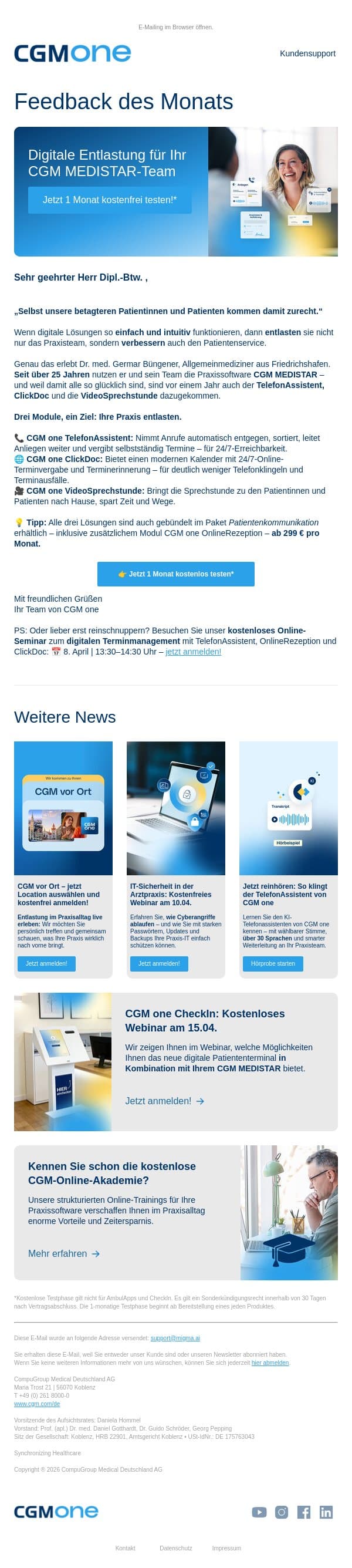 „Selbst unsere betagteren Patienten kommen damit zurecht“ – so entlastet CGM one Ihre CGM MEDISTAR-Praxis email from CGM screenshot