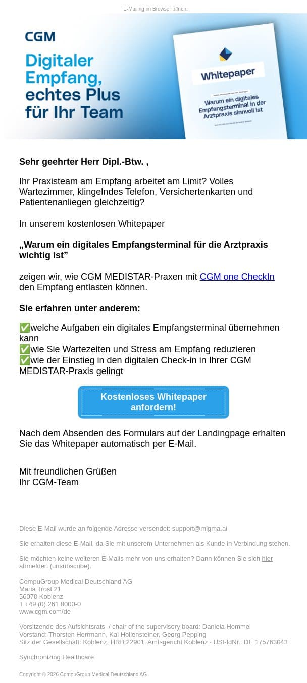 Whitepaper für CGM MEDISTAR-Anwender: Digitaler Check-in am Empfang email from CGM screenshot