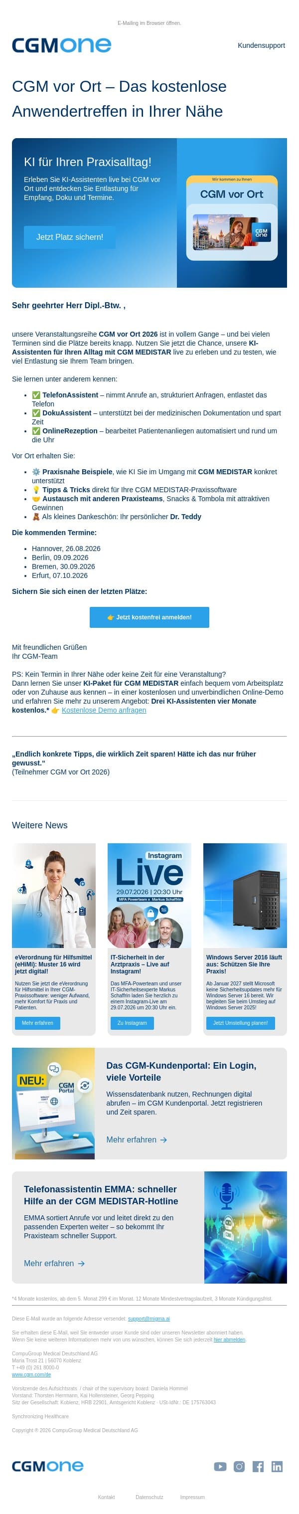 Entlastung fürs Praxisteam mit CGM MEDISTAR: KI live bei CGM vor Ort testen email from CGM screenshot