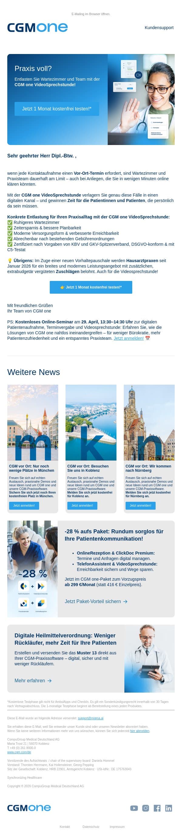 Mehr Ruhe in der Praxis mit der VideoSprechstunde email from CGM screenshot