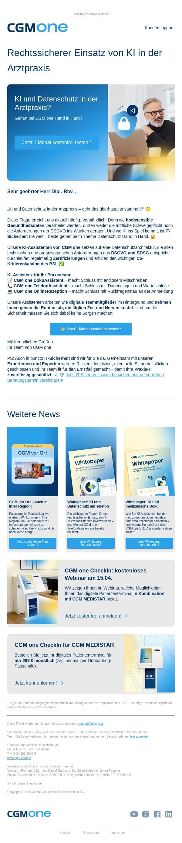 So profitieren Sie von KI – ohne Kompromisse beim Datenschutz ✅ email from CGM screenshot