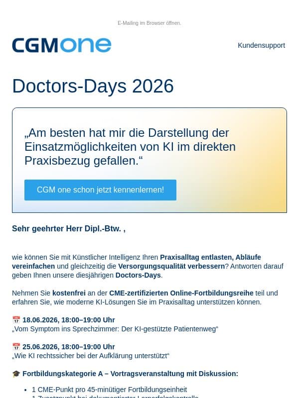 KI-Fortbildung online: bis zu 4 CME-Punkte email from CGM