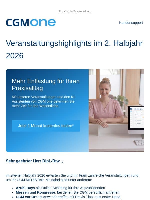 Veranstaltungshighlights im 2. Halbjahr 2026 für Ihr Praxisteam email from CGM