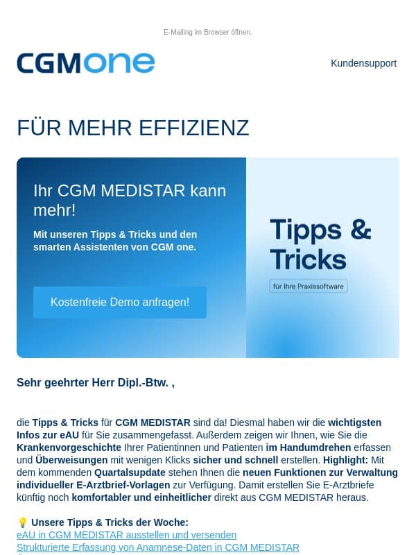 CGM MEDISTAR: eAU, Anamnese, Überweisungen email from CGM