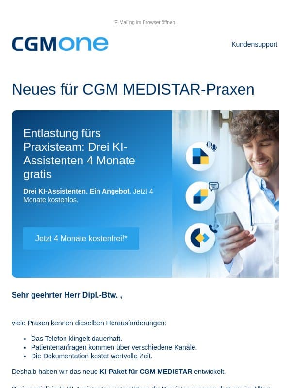 Jetzt zum Einführungspreis: KI-Paket für Ihr CGM MEDISTAR email from CGM