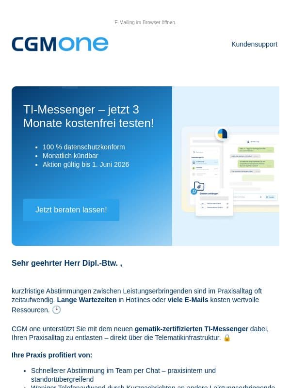 Neu: TI-Messenger – jetzt 3 Monate kostenfrei testen! 💬 email from CGM