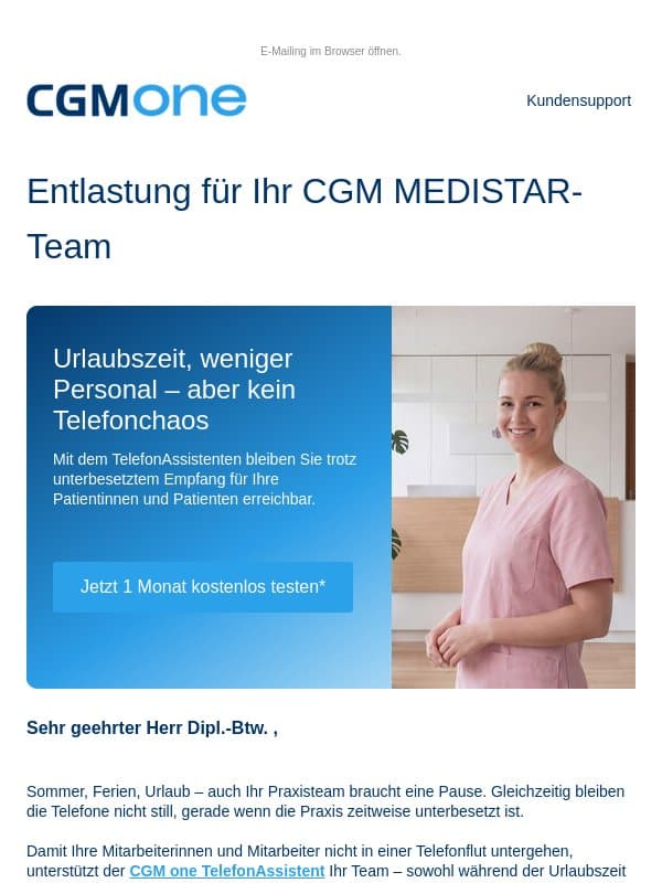 Weniger Telefonstress in der Urlaubszeit mit CGM MEDISTAR email from CGM