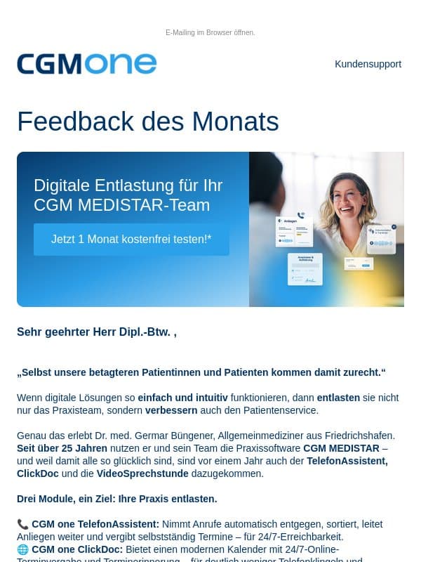 „Selbst unsere betagteren Patienten kommen damit zurecht“ – so entlastet CGM one Ihre CGM MEDISTAR-Praxis email from CGM