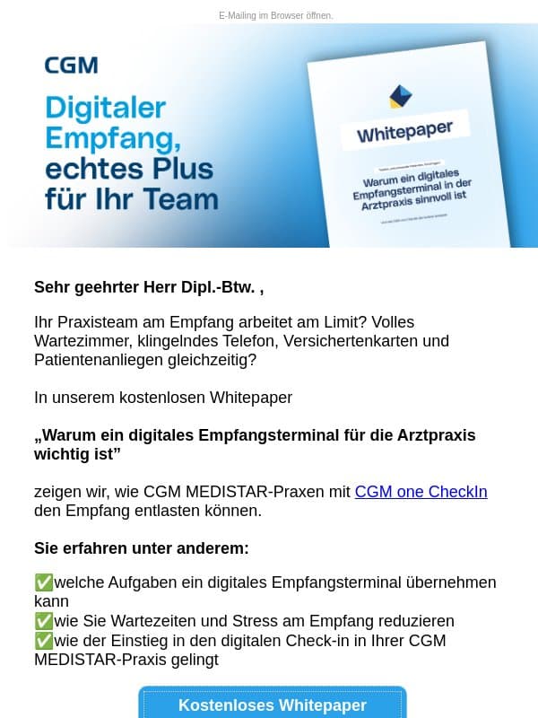 Whitepaper für CGM MEDISTAR-Anwender: Digitaler Check-in am Empfang email from CGM
