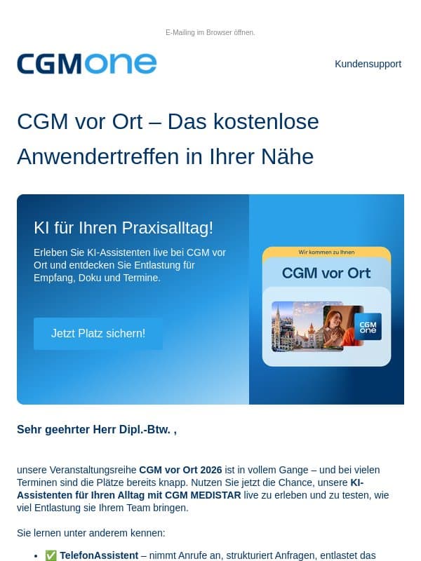 Entlastung fürs Praxisteam mit CGM MEDISTAR: KI live bei CGM vor Ort testen email from CGM